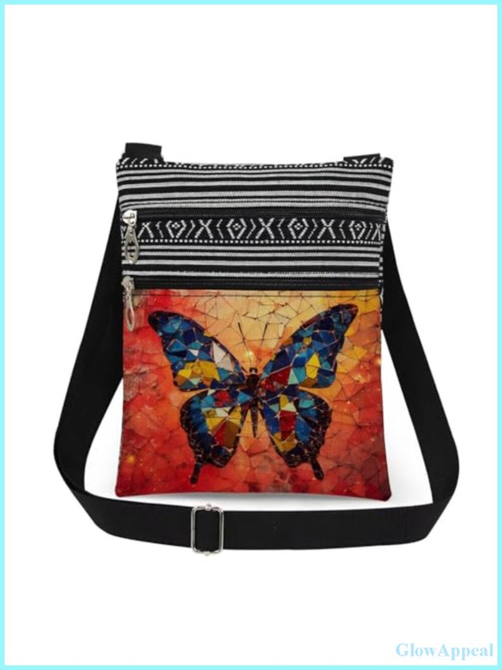 Polyester Butterfly Crossbody Bag Adjustable Strap Double Zipper